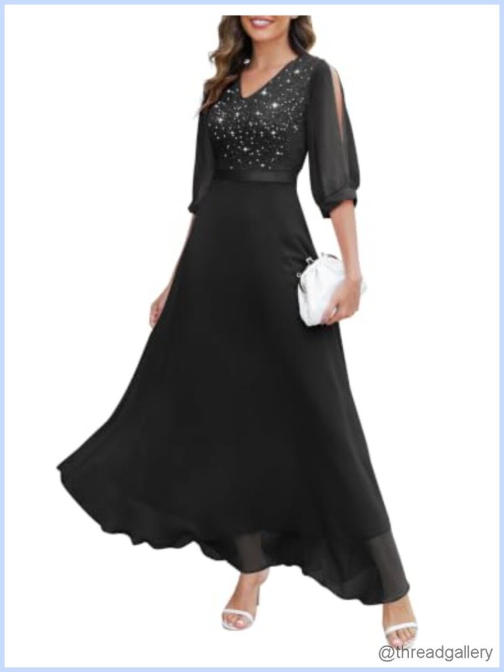 Sequin Maxi Formal Dress Split Sleeves Lace Overlay Evening Gown